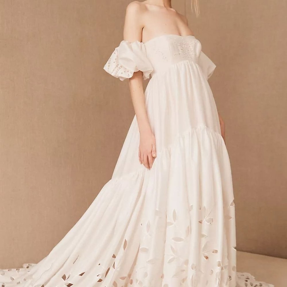 BHLDN Marina Wedding Gown Size 6 Off Shoulder Puffed Sleeve Sample - Picture 8 of 11